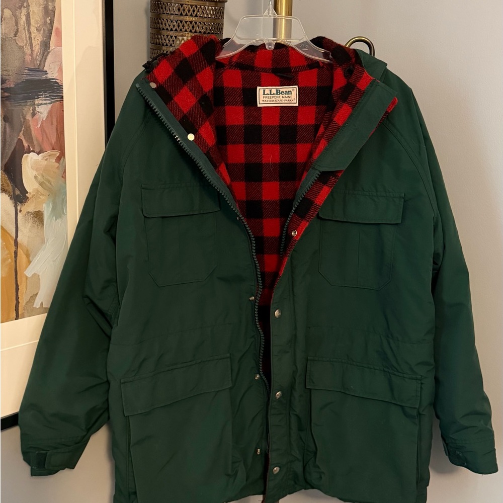 L.L. Bean Green Jacket with Red Plaid Lining